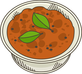 Cartoon-style ceramic bowl is holding red sauce with green leaf garnish on transparent background