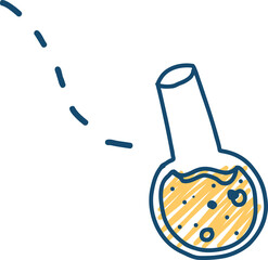 Line-art flask is showing bubbling yellow liquid and dashed lines on transparent background
