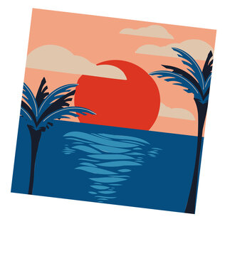 Naklejki flat sunset seascape is showing tilted Polaroid frame with red sun palms clouds clear background
