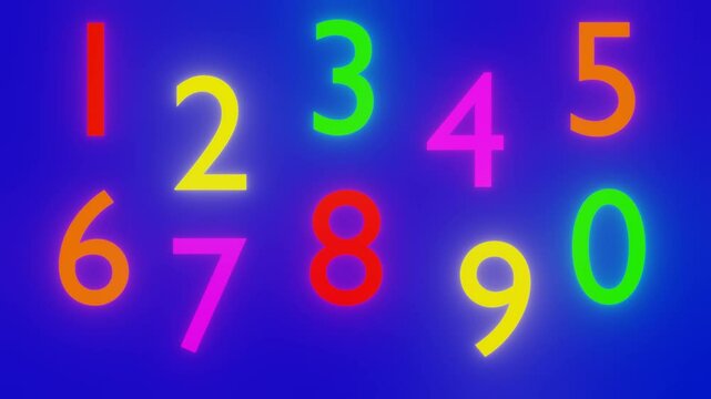 Colorful Glowing Numbers 0-9 Moving on Blue Background
