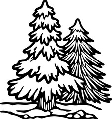 Obraz premium Snow covered pine trees illustration, winter forest scene with fir trees, hand drawn outline nature