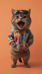 A highly realistic cat standing on two legs like a human, with extremely exaggerated large eyes and a very big open mouth in a screaming or shocked expression. The cat should be wearing funny human