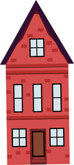 Cartoon red-brick house is standing on transparent background, showing brown door and white windows