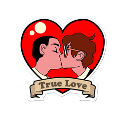 Showing kissing couple inside red heart flat art with banner and glasses on transparent background