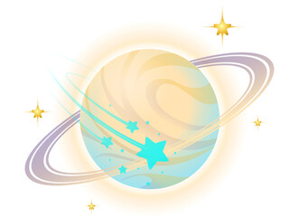 Fototapeta premium Beige ringed planet, pastel swirls, teal stars orbiting it, golden bursts on transparent backdrop
