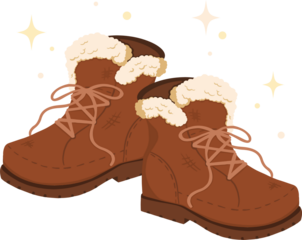 Shearling-lined boots are being shown in flat design on transparent background with rugged soles