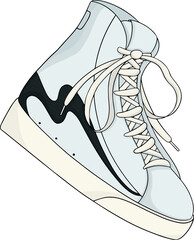 Blue-black vector high-top sneaker is floating on transparent bg showing laces eyelets and sole