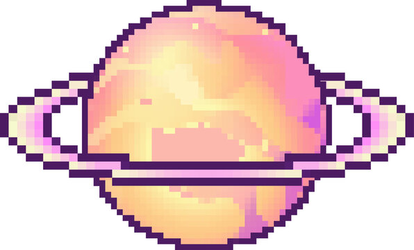 Naklejki Pixel art planet is floating on transparent background, showing pastel peach pink with purple ring