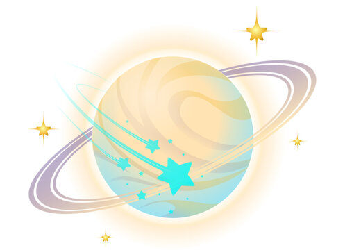 Naklejki Beige ringed planet, pastel swirls, teal stars orbiting it, golden bursts on transparent backdrop