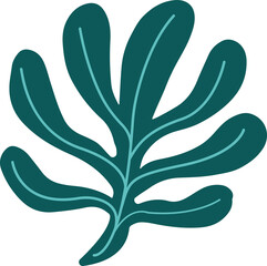 Abstract leaf frond is being shown in flat design with dark teal veins on transparent background