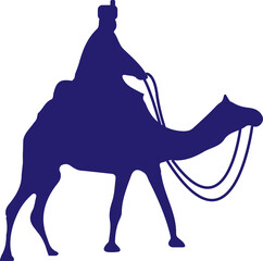 Flat design silhouette is showing rider on saddle holding reins on camel, transparent background