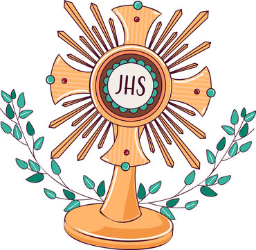 Vector monstrance floating on transparent background, showing JHS host holder and green leaf sprigs
