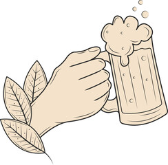 Hand is gripping frothy beer mug adorned with leaves in flat vector style on transparent background