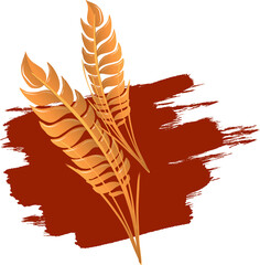 Flat vector golden wheat stalks are fanning out over red brushstroke on transparent background