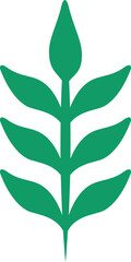 Stylized green plant branch is showing eight leaves, bud in flat design with transparent background