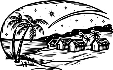 Tropical beach village under starry night sky with palm trees, huts, and ocean, peaceful island landscape illustration