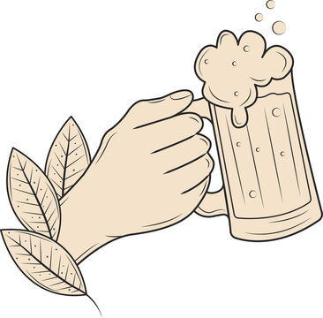 Naklejki Hand is gripping frothy beer mug adorned with leaves in flat vector style on transparent background