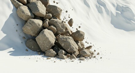 Rockslide cascading down a snow-covered slope, various sizes and shapes of rocks tumbling
