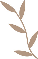 Leafy stem graphic is showing six oval leaves in beige flat style, transparent bg, copy space