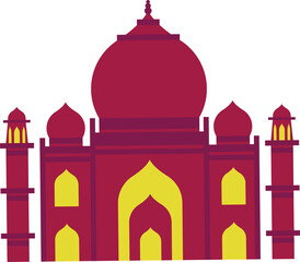 Flat design is showing red-yellow monument with onion dome, minarets, arches on clear background