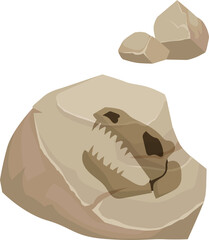 Fossilized dinosaur skull imprint is appearing in sandstone over transparent background, copy space