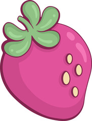 Cartoon strawberry is floating on transparent background showing pink body, green top, yellow seeds