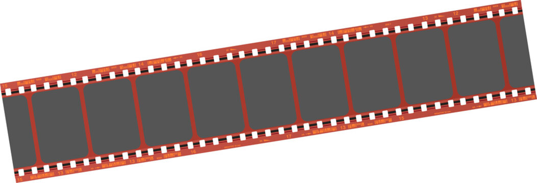 Fototapeta Diagonal red-orange filmstrip is showing sprocket holes, frame numbers, timing marks on transparent