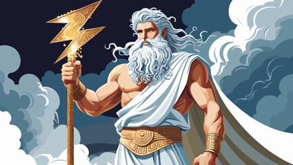 Fototapeta premium Zeus holding a lightning bolt in a dramatic sky, powerful figure in ancient Greek style, digital art