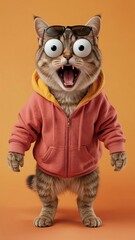 A highly realistic cat standing on two legs like a human, with extremely exaggerated large eyes and a very big open mouth in a screaming or shocked expression. The cat should be wearing funny human