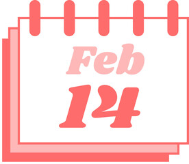 Flat calendar page is showing Feb 14, coral binding rings, pink sheets on transparent background