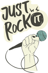 Showing line art of raised fist gripping wired mic with JUST ROCK text on transparent background