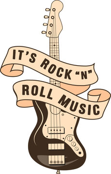Featuring flat electric guitar with banner reading IT'S ROCK &lsquo;N' ROLL MUSIC, transparent background