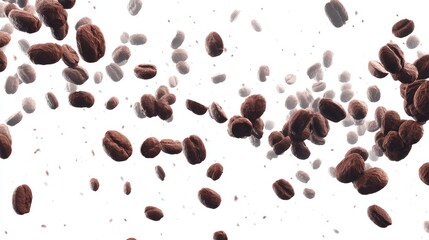 Obraz premium Roasted coffee beans levitate against a stark white backdrop, exhibiting a dynamic, airborne motion and varying shades of brown