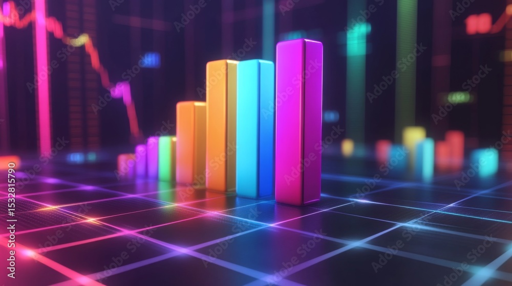 Poster a futuristic financial d bar graph showing rising bars in bright colors, floating against a digital 