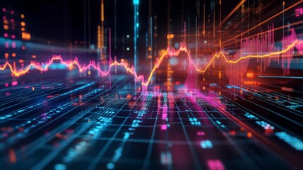 A futuristic digital financial graph with glowing lines and markers, illustrating the movement of stocks and market performance against a dark backdrop.