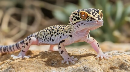Naklejka premium Leopard Gecko on Rock, Close Up