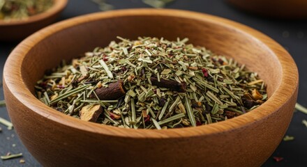 Fototapeta premium Loose herbal blend in wooden bowl