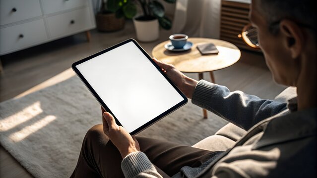 tablet mockup in hand  relaxing at home ui display
