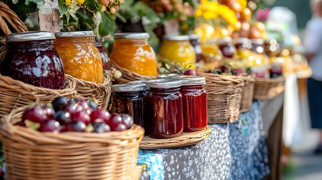 Jams and preserves at farmers market homemade fruit spreads in glass jars gourmet food product display table