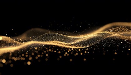 Gold particles flowing in a wavy pattern against a black background.
