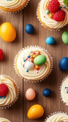 Colorful Homemade Easter Cupcakes Overhead Shot