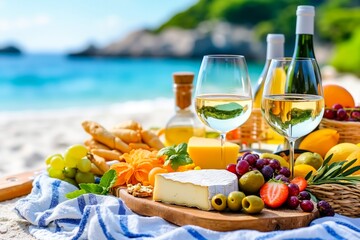 A picnic on the beach with a bottle of wine and a basket of fruit and cheese