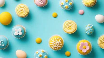 Easter Themed Cupcakes and Eggs Flat Lay View