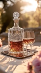 Crystal Decanter of Amber Liquid with Two Glasses at Golden Hour