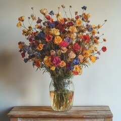 Dried Flower Bouquet in Glass Vase on Wooden Table