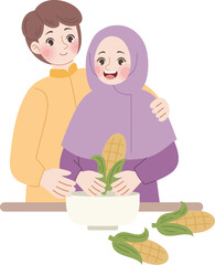 Harvesting Joy: An illustrated scene of togetherness and bounty. A couple joyfully prepares corn, symbolizing the warmth of home and the sweetness of shared moments.