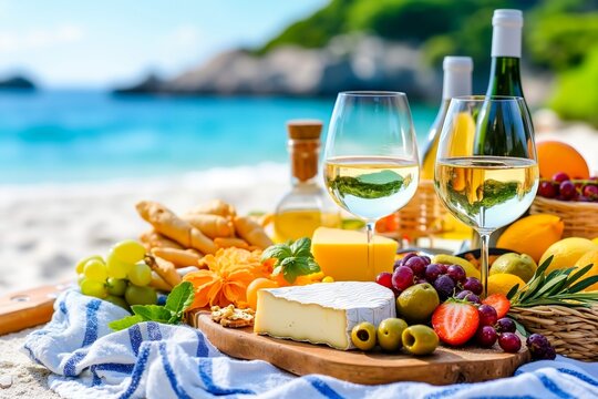 A picnic on the beach with a bottle of wine and a basket of fruit and cheese