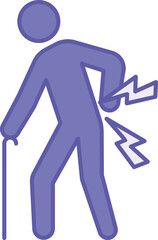 Colored Back Pain Icon. Vector Illustration. Man Bent Over in Pain with Cane. Injury, Disease, Medicine. Disability Concept
