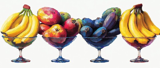 Vibrant Still Life Bananas, Mangoes, and Plums in Glass Bowls