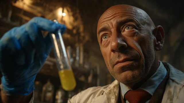 retro vintage style, close up face of a Caucasian scientist holding test tube with some substance in it at dim light under ground laboratory